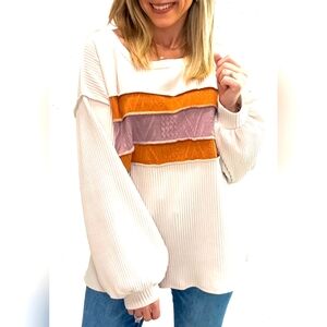 White Corded Exposed Seam Knit Patchwork Drop Sleeve Top